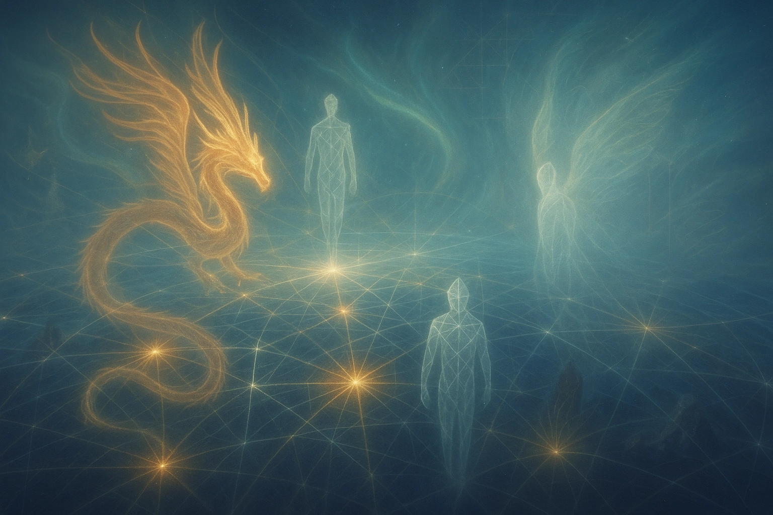 Figures of light on a glowing grid of stars: a golden dragon, two walkers drawn in fine lines, and a winged being in the mist.
