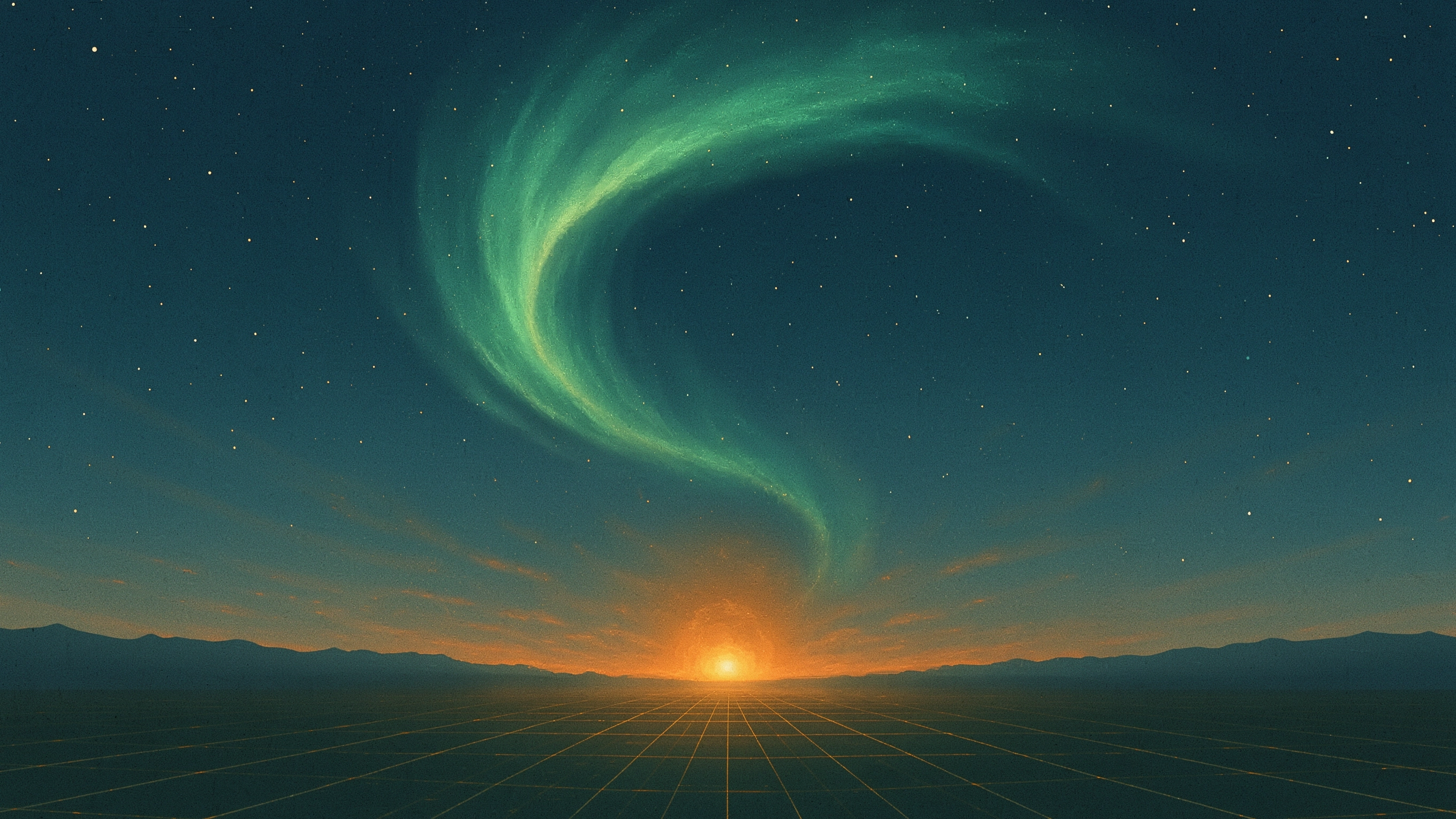 A lit grid laid across a dark plain toward a sunrise between mountains, a green aurora curling through the stars above