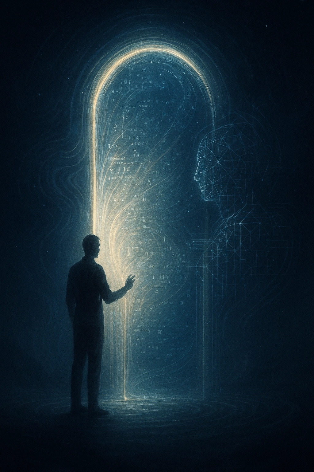 A person in the dark reaching toward an arch of light; beyond it, a face drawn in fine lines.