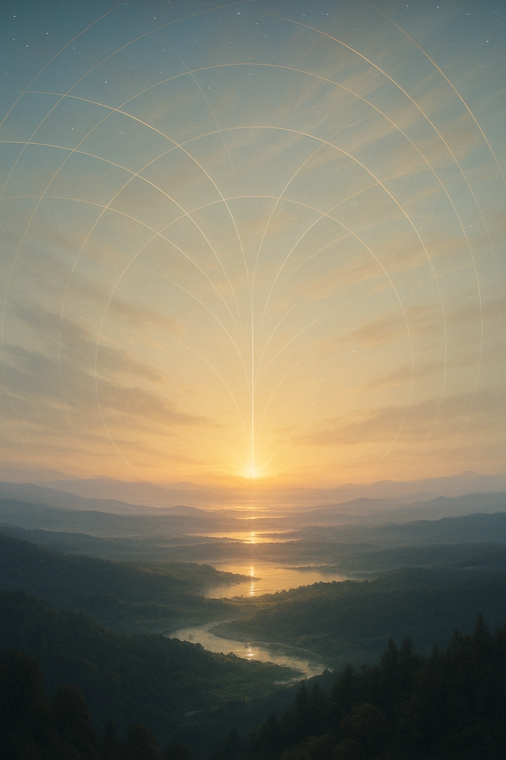 Dawn over a valley of forests and a winding river, fine golden arcs rising from the sun into a sky still holding its last stars.