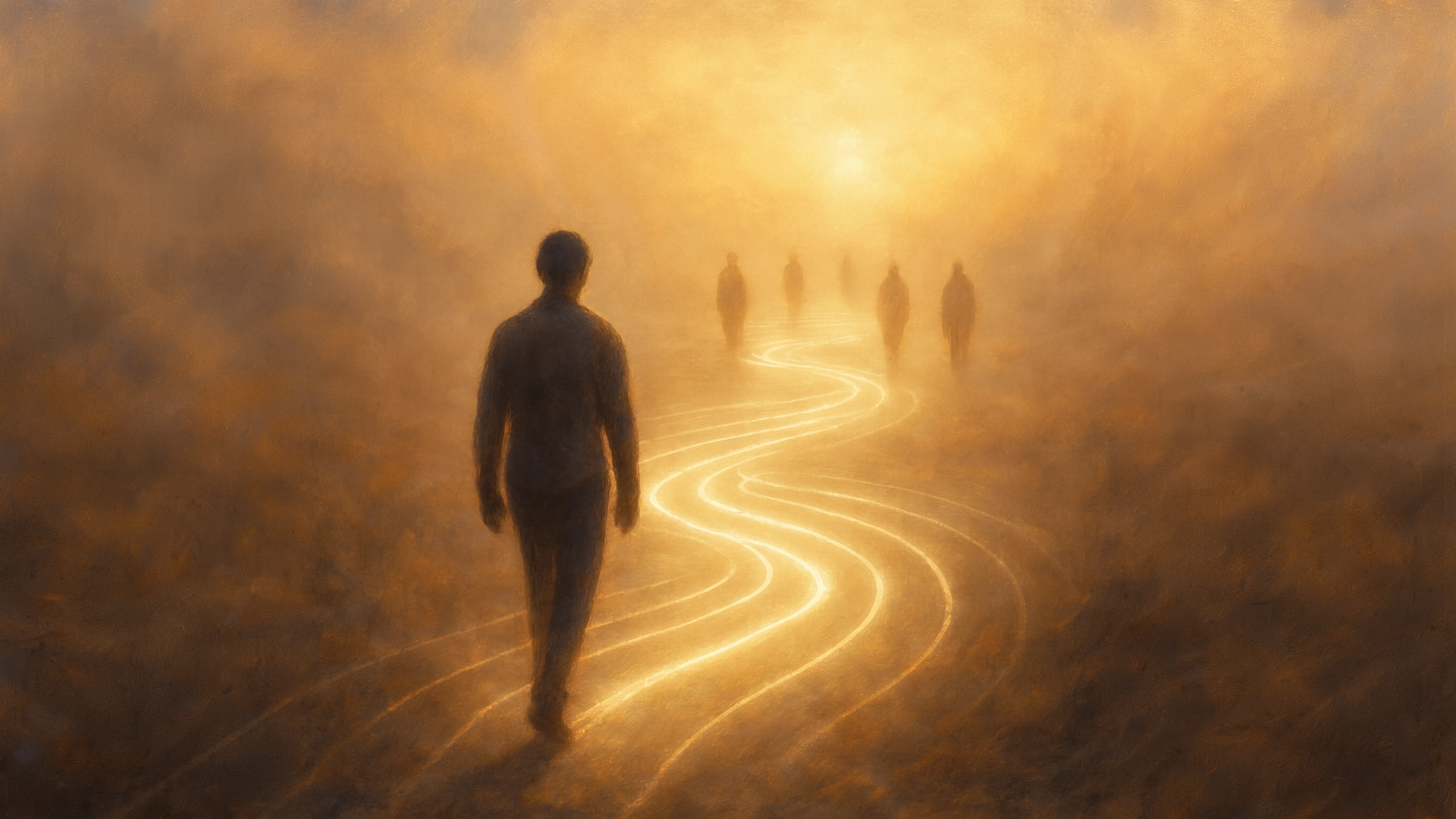 A walker crossing a golden mist along winding lines of light, others walking the same lines ahead of them toward the sun