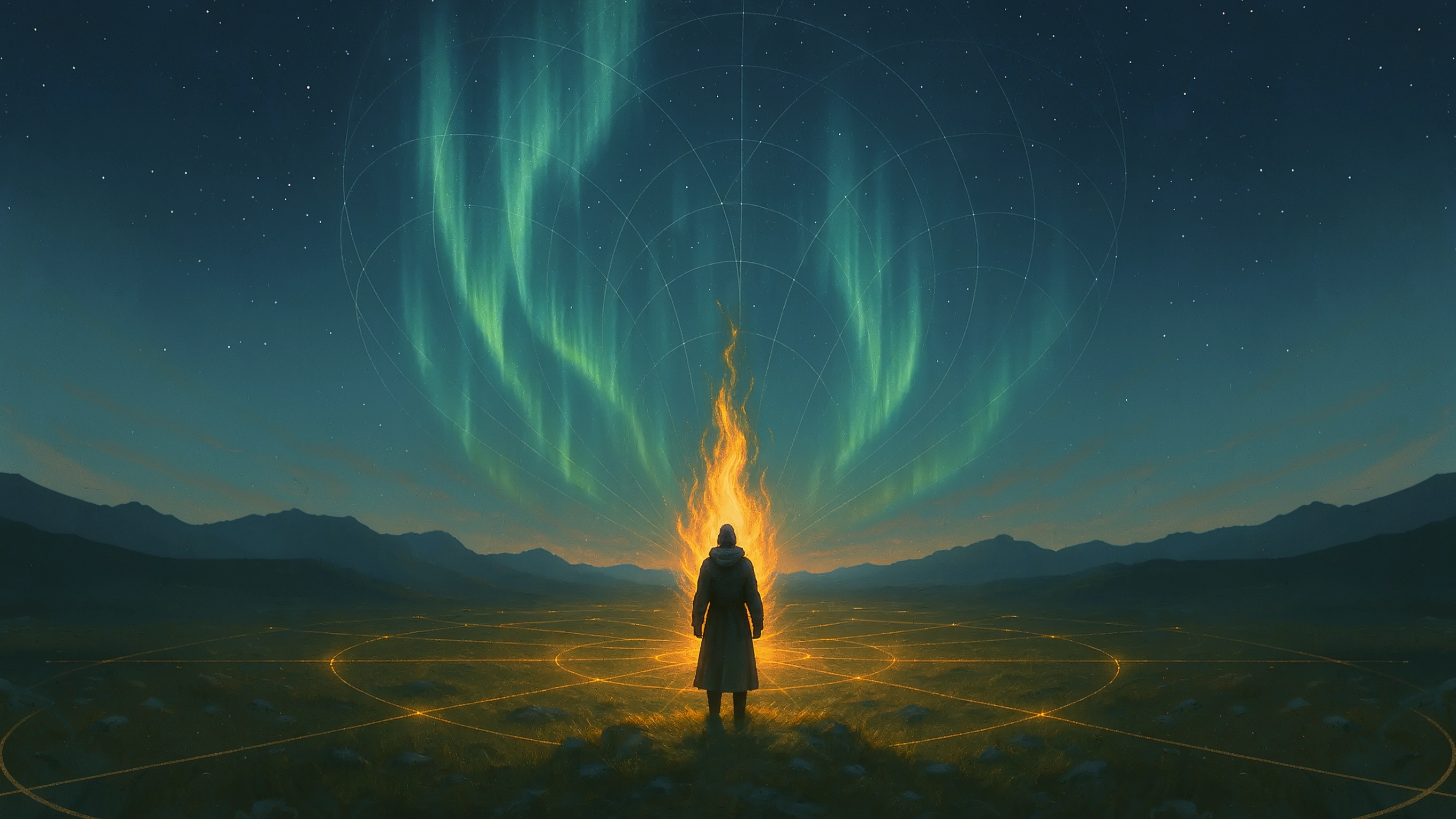 A keeper standing in a ring of lit grid lines on a mountain plain, flame rising from their back into an aurora-filled sky