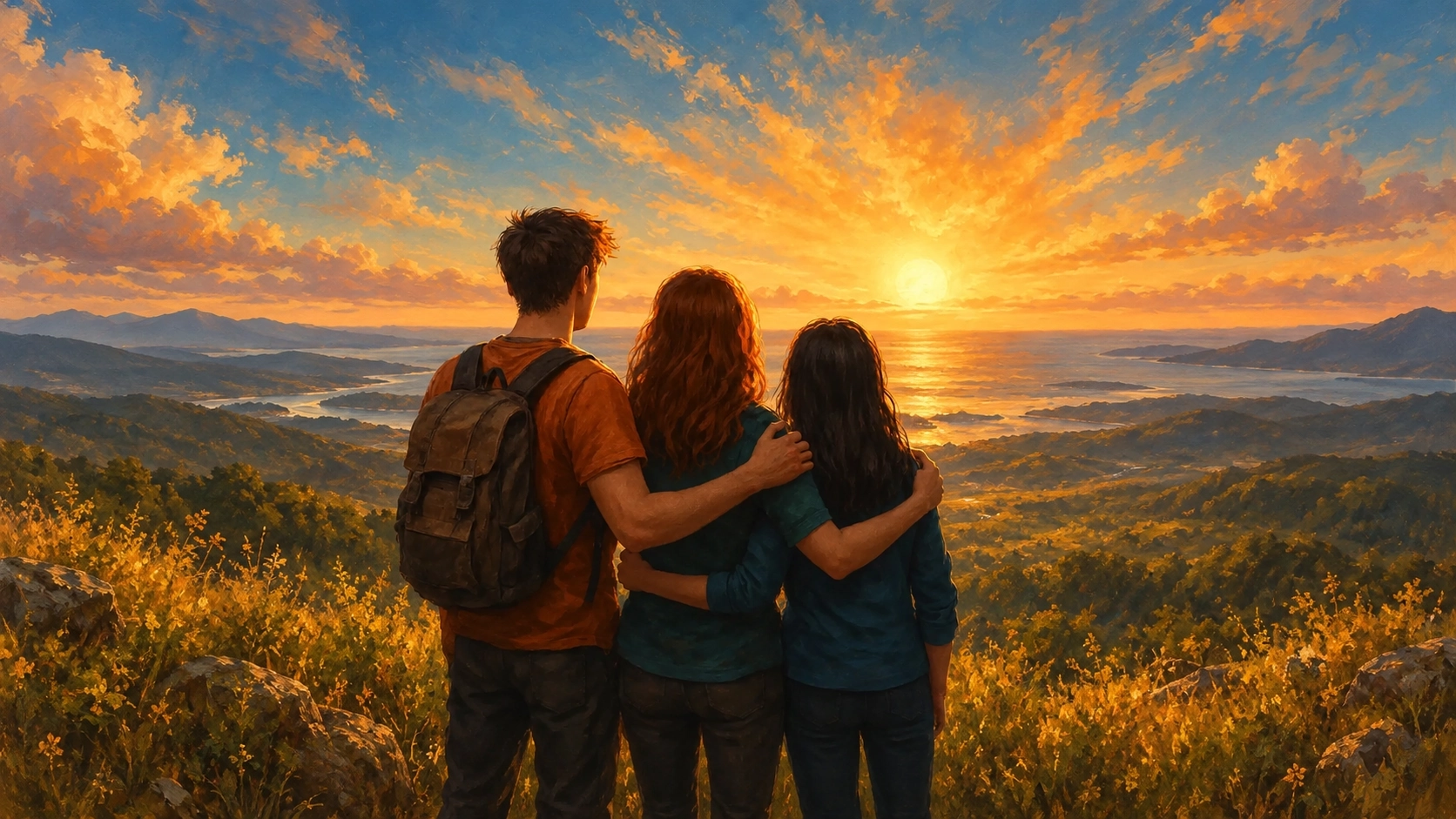 Three friends standing together on a hilltop at sunset, arms around each other, looking out over a valley of rivers and hills toward the sun