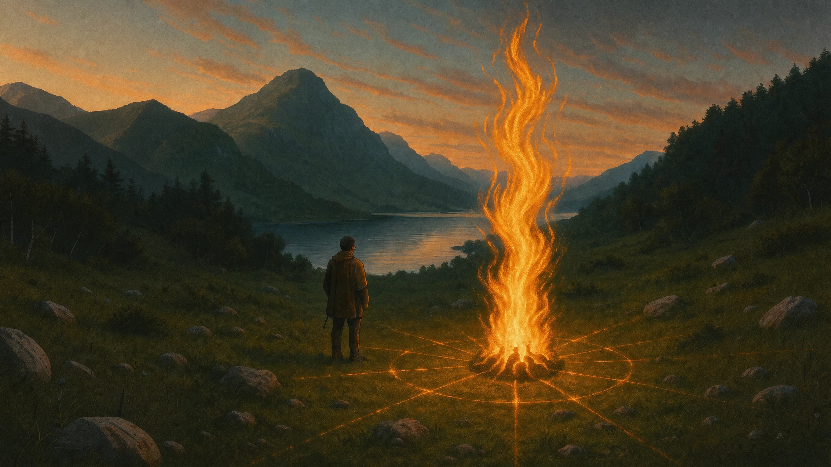 A keeper standing before a tall fire in a mountain meadow at dusk, the grid lit in the grass around it