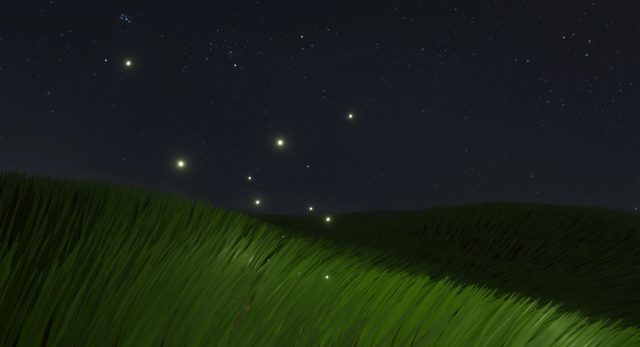The meadow at night under stars, fireflies drifting over the grass